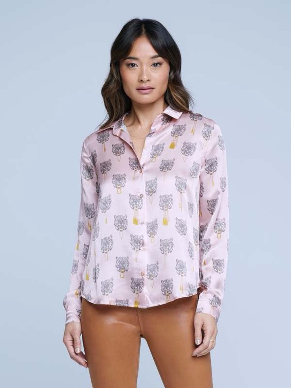 L'Agence Tyler silk blouse in coral blush tassel tiger